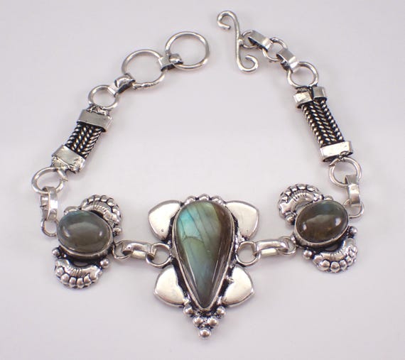 Vintage Sterling Silver Labradorite Bracelet, Antique Gemstone Fine Jewelry Gift