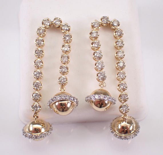 14K Yellow Gold Diamond Tennis Earrings - Unique Dangle Chandelier Setting - Celestial Bridal Jewelry Gift