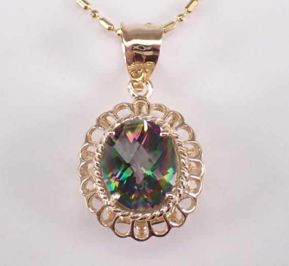 14K Yellow Gold Mystic Topaz Charm Necklace: Vintage Slide Pendant on Beaded Choker Chain