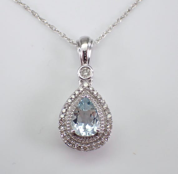 Aquamarine and Diamond Pendant and Chain - Solid White Gold Teardrop Necklace - Unique March Birthstone Jewelry Gift