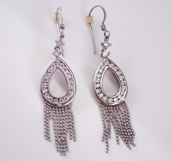 Vintage Sterling Silver Earrings, Antique Cubic Zirconia Teardrop Dangle Drops, Unique Estate CZ Jewelry Gift