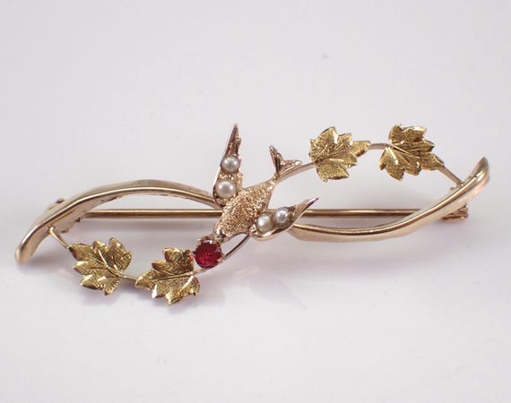 Antique Yellow Gold Bird and Leaf Brooch - Ruby and Seed Pearl Dainty Pin - Victorian Nature Inspired Fine Jewelry Gift