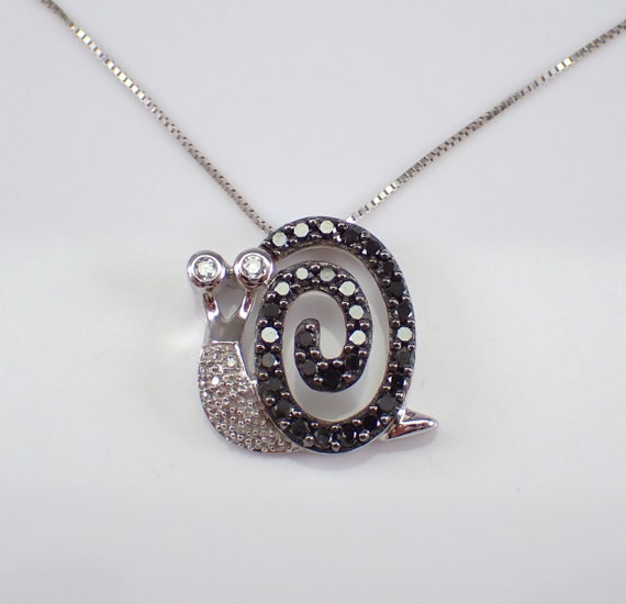Genuine Black Diamond Snail Necklace - White Gold Spiral Swirl Shell Charm Pendant - Animal Choker and Chain Jewelry Gift