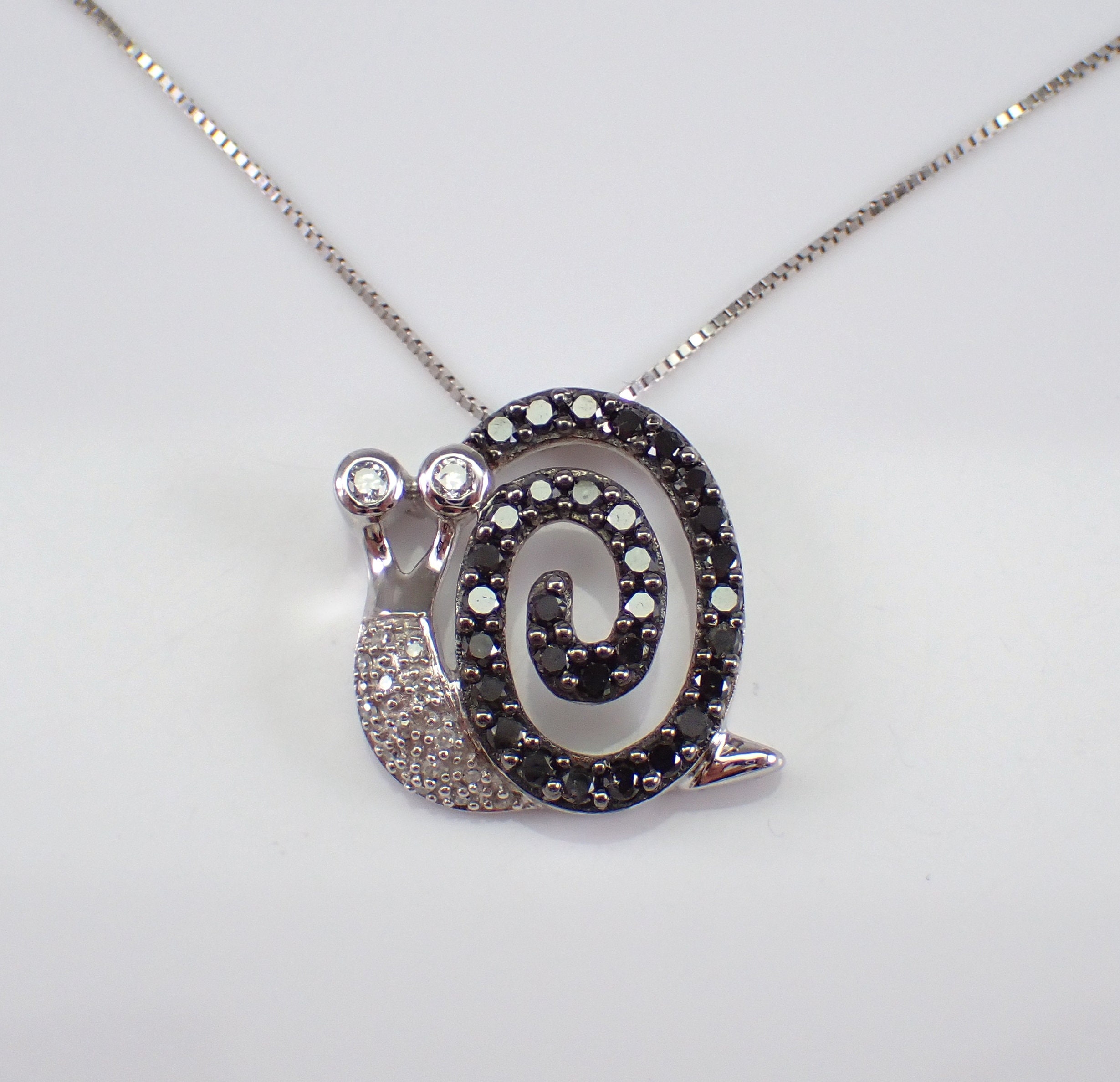Genuine Black Diamond Snail Necklace White Gold Spiral Swirl