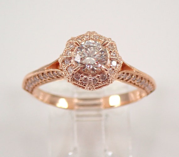 14K Rose Gold Diamond Engagement Ring - Unique Dainty Bridal Halo Setting - Vintage Inspired Fine Jewelry Gift