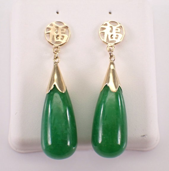 14K Yellow Gold Jade Earrings - Teardrop Dangle Gemstone - Green Healing Dainty Jewelry Gift