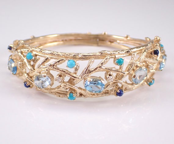 Vintage 14K Yellow Gold Bangle Bracelet - Estate Turquoise and Lapis Cuff - Chunky Bamboo Branch Jewelry Gift