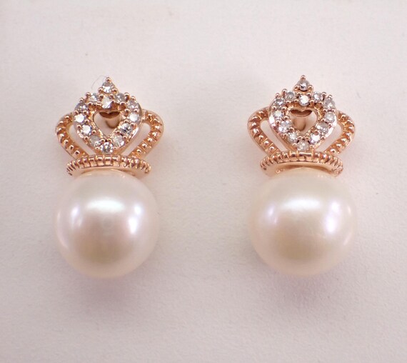 Pearl and Diamond Drop Earrings - Rose Gold Fine Crown Studs - June Birthstone Gemstone