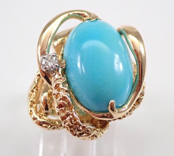 Vintage Antique 14K Yellow Gold Turquoise and Diamond Ring Size 4.5 FREE SIZING