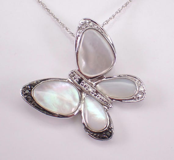 Mother of Pearl Butterfly Charm Necklace: White Gold Black Diamond Pendant and Chain