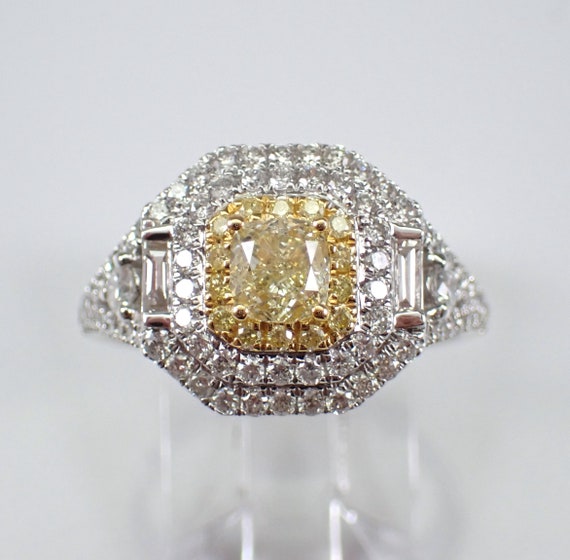 Cushion Cut Canary Diamond Engagement Ring - 14K White Gold Fancy Yellow Colored Jewelry - GalaxyGems Bridal Gift