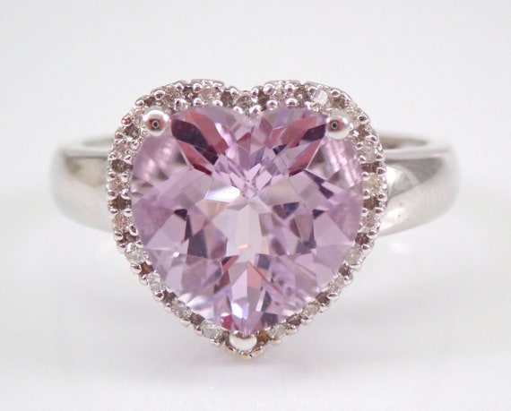 Heart Amethyst and Diamond Engagement Ring 14K White Gold Size 7.25 FREE SIZING Gemstone Jewelry