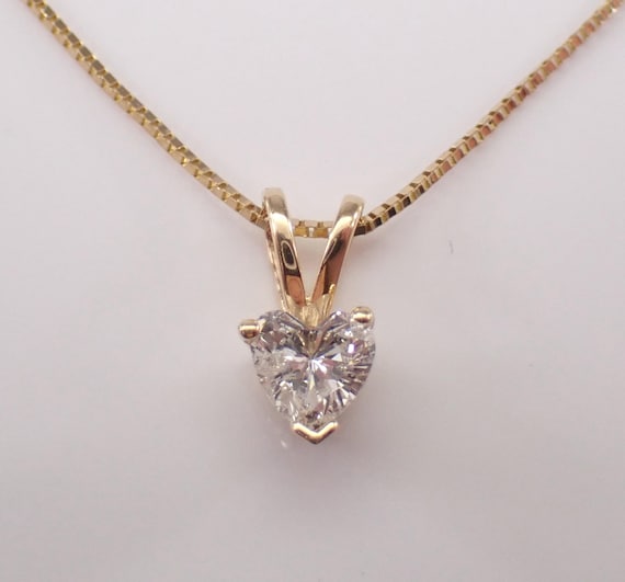 Vintage Diamond Heart Charm Pendant and Chain - 14K Yellow Gold Dainty Choker Solitaire Necklace