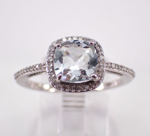 Aquamarine and Diamond Ring - White Gold Halo Engagement Setting - Aqua March Birthstone Jewelry Gift