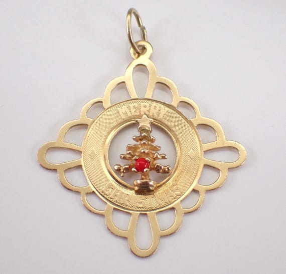 Vintage 14K Yellow Gold Merry Christmas Charm, Unique Coral Gemstone Tree Pendant, Holiday Jewelry Gift for Necklace or Bracelet