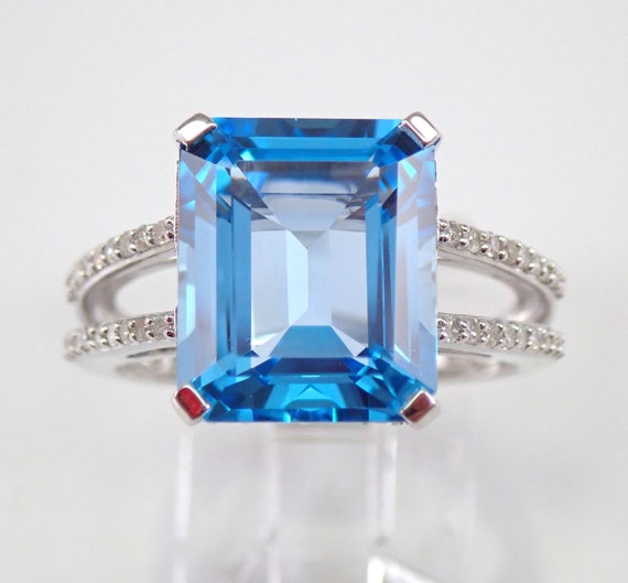 Large Emerald-Cut Blue Topaz Ring - 14K White Gold Diamond Engagement Setting - GalaxyGems Gemstone Fine Jewelry Gift