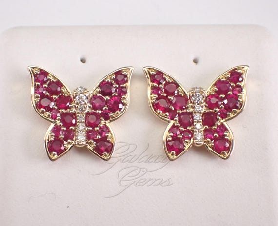 14K Yellow Gold Ruby and Diamond Butterfly Stud Earrings: July Birthstone Fine Jewelry Gift