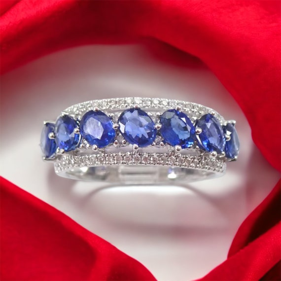 Genuine Sapphire Anniversary Band, Diamond Stackable Wedding Ring,  Solid 18K White Gold, September Birthstone Gift