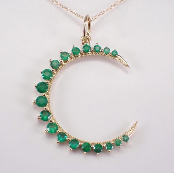 Emerald Crescent Moon Pendant - Yellow Gold Necklace and Choker Chain - Anniversary Birthday Jewelry Gift