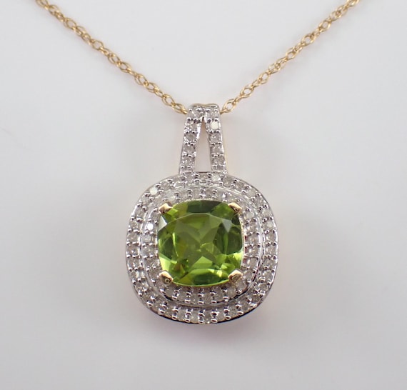 Yellow Gold Peridot and Diamond Pendant, Gemstone Halo Necklace and Chain, August Birthstone Jewelry Gift
