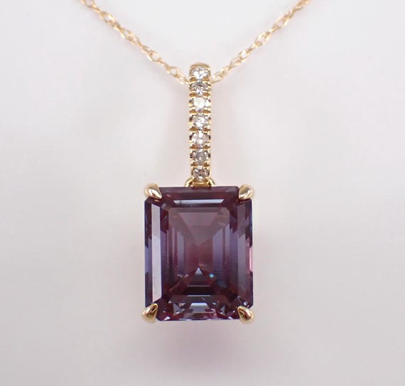 Alexandrite and Diamond Pendant - Yellow Gold Charm Necklace with Chain - June Birthstone Jewelry Gift