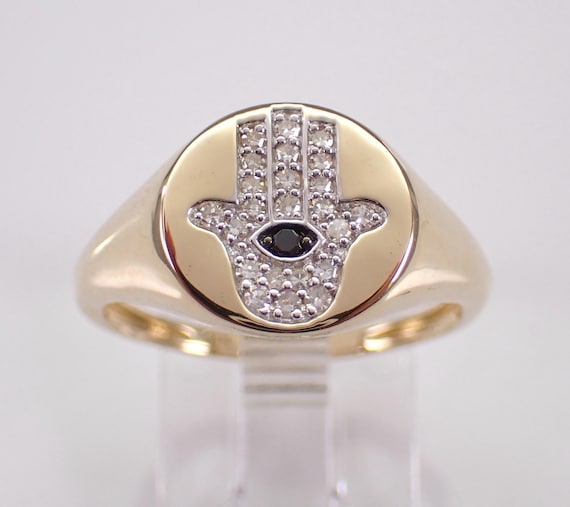 14K Yellow Gold Diamond Hamsa Ring - Unique SIGNET Style Hand of God Band - GalaxyGems Protection Jewelry Gift