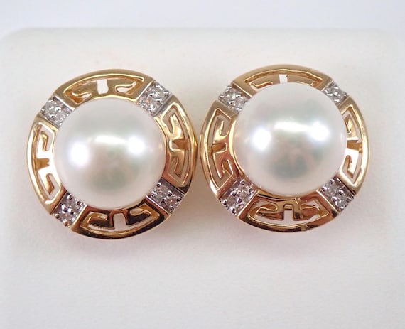 14K Yellow Gold Pearl Earrings - Greek Key Diamond Halo Studs - June Birthstone Jewelry Gift