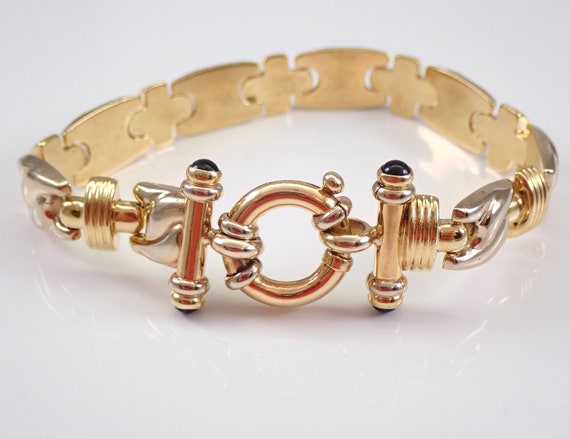 Vintage Solid 14k Gold Toggle Bracelet - Unique Estate Two Tone Link - Black Onyx Accents Gemstone
