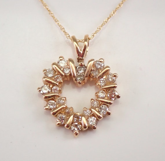 Estate 14K Yellow Gold Diamond Heart Pendant Necklace Chain 18" FREE SHIPPING