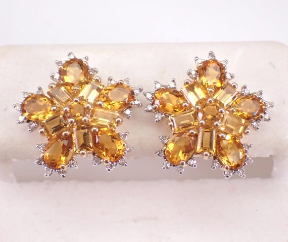 14K Yellow Gold Citrine Stud Earrings, Gemstone and Diamond Flower Cluster Drop, November Birthstone Fine Jewelry Gift