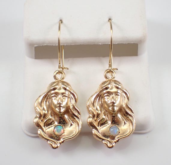 Vintage Opal Dangle Earrings - 14k Yellow Gold Carved Goddess Face - October Birthstone Gemstone Gift