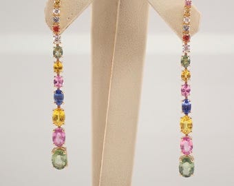 18K Yellow Gold Sapphire Dangle Earrings - Colorful Blue Pink Yellow Green Gems - Unique Fine Jewelry Gift