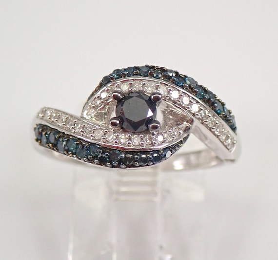 Black Diamond Crossover Ring, 14k White Gold Fancy Blue Bypass Band, Unique Colored Diamond Jewelry Gift