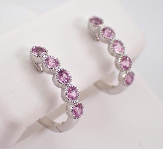 White Gold Pink Sapphire Hoop Earrings - Dainty Gemstone Huggies - Unique Birthstone Fine Jewelry Gift