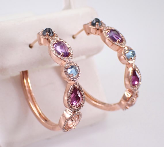Rose Gold Multi Color Hoop Earrings,  Large Diamond Halo Huggies, Morganite Topaz Tourmaline Amethyst
