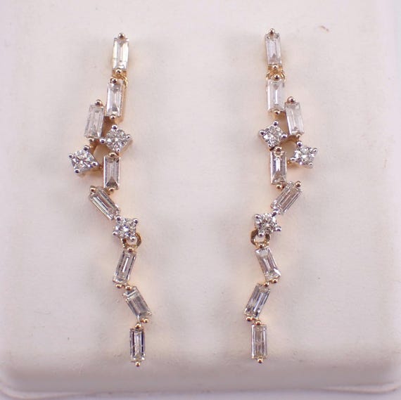 Yellow Gold Baguette Diamond Earrings: Tennis Bar Dangle Constellation Studs