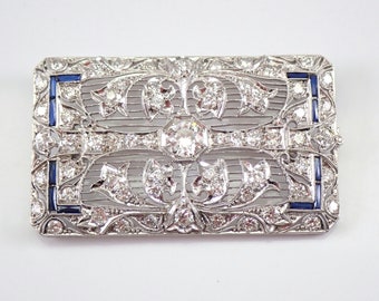 Antique PLATINUM Diamond and Sapphire Brooch - Large Filigree Art Deco Pin - Unique 1920s Fine Jewelry Gift