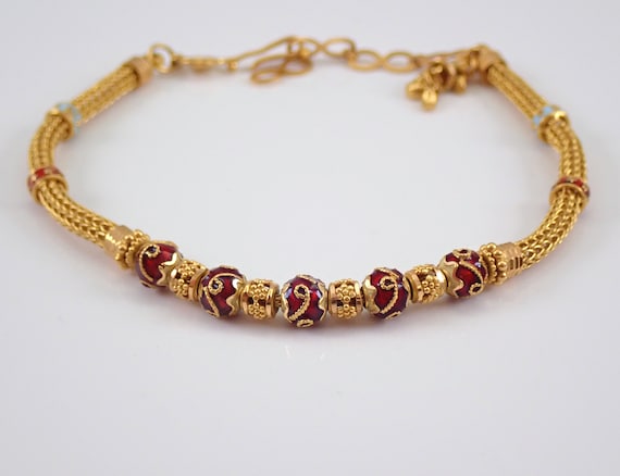 21K Yellow Gold Red Enamel Bracelet - Vintage Antique Dangle Charm Bracelet - Unique Rondelle Station Beads