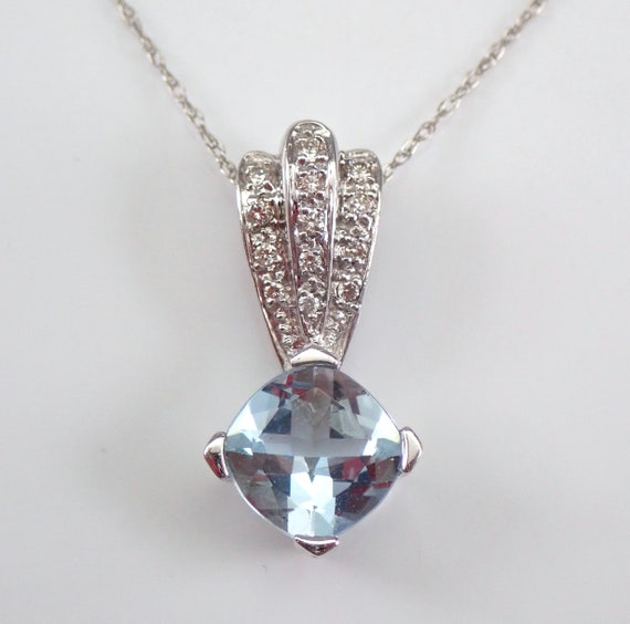 14K White Gold Aquamarine Necklace, Diamond and Gemstone Pendant, March Birthstone Jewelry Gift