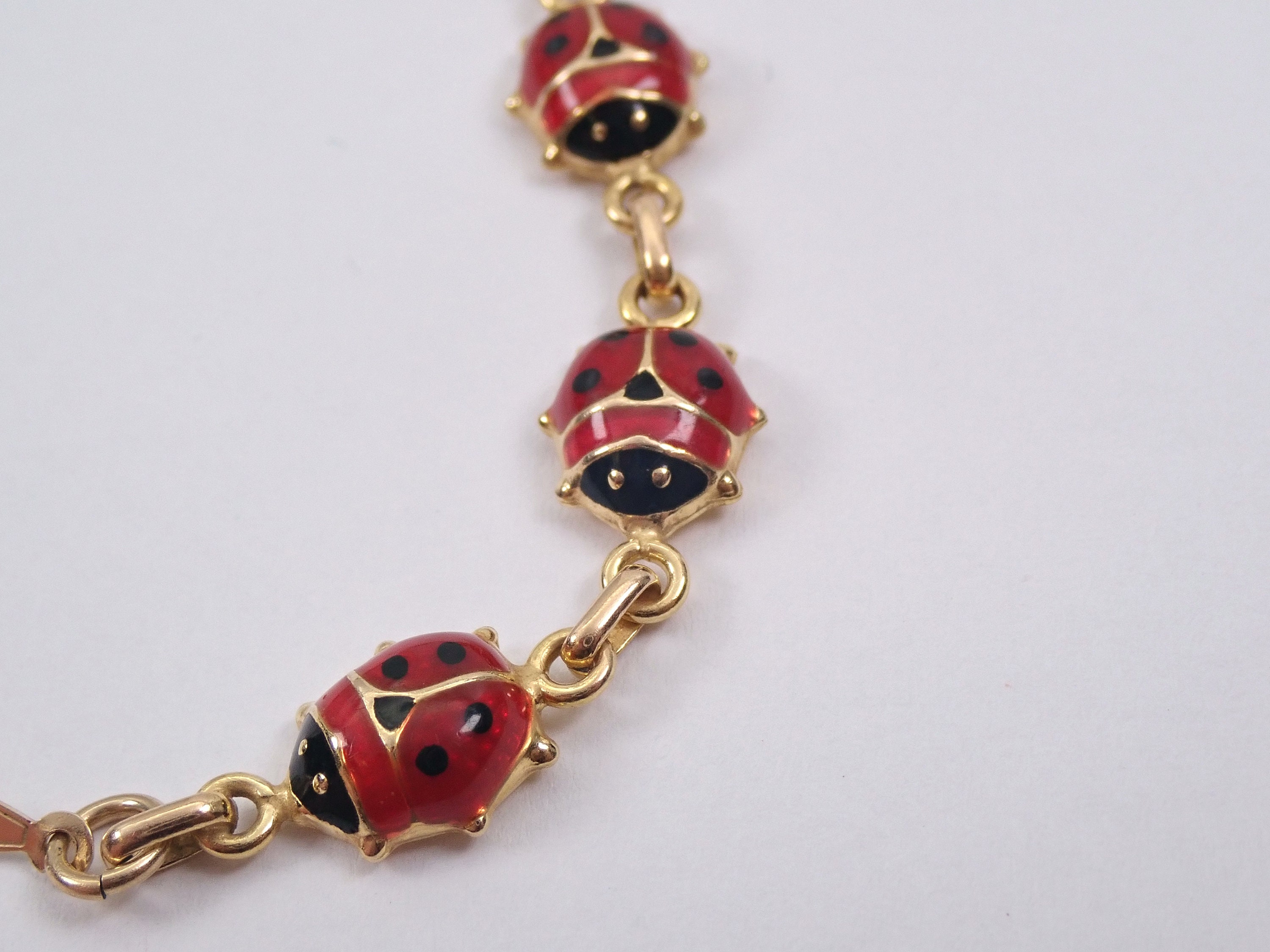 Vintage Estate 14K Yellow Gold Enamel LADYBUG Bracelet Red Beetle