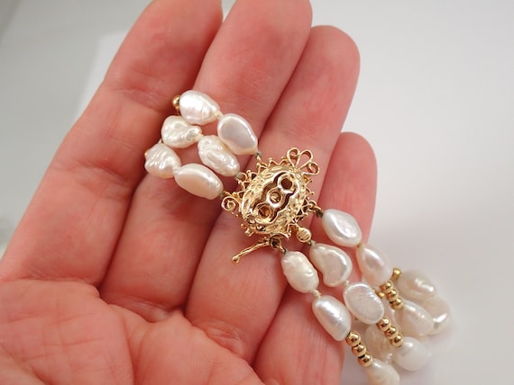 Triple Strand Vintage Pearl Bracelet, Unique 14K Yellow Gold Pearl Bracelet, Vintage Baroque Pearl Bracelet for Women