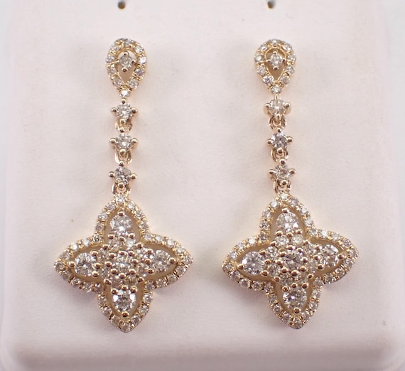 14K Yellow Gold Diamond Dangle Earrings: Unique Cluster Clover Flower Drop