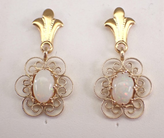 Antique 14K Yellow Gold Opal Earrings: Vintage Dainty Filigree Dangles