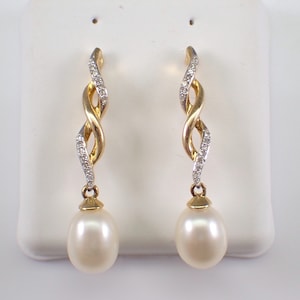 Pendientes colgantes de perlas y diamantes: joyería fina de oro amarillo, regalo de aniversario de bodas: piedra preciosa de nacimiento de junio