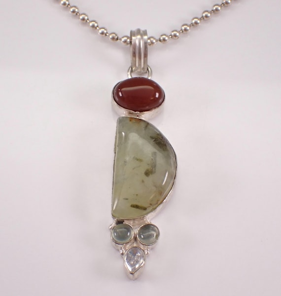 Vintage Carnelian and Prehnite Necklace - Sterling Silver Large Charm Pendant and Chain - Asymmetrical Big Gemstone Slide