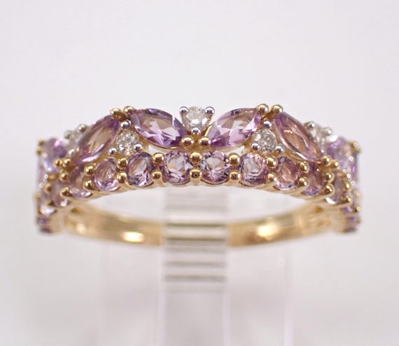 Yellow Gold Amethyst and Diamond Wedding Ring - Multi Row Stackable Anniversary Band - Pink Gemstone Fine Jewelry Gift
