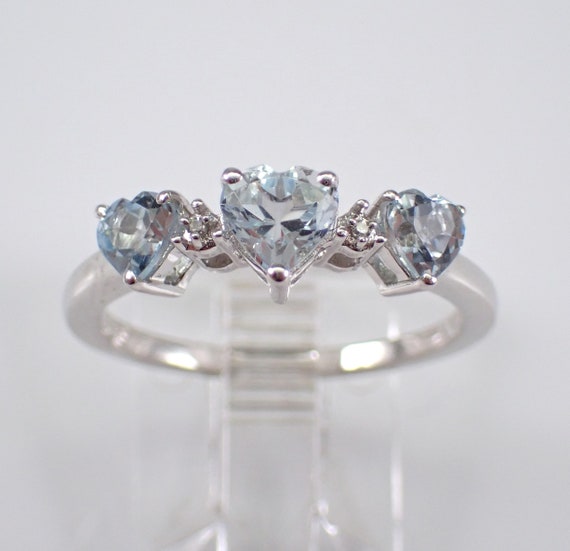 Aquamarine Heart and Diamond Ring - White Gold Three Stone Promise Band - Dainty March Birthstone Aqua Gemstone