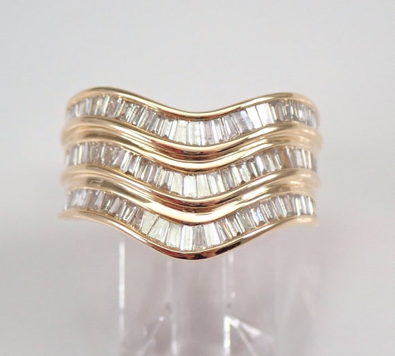 Baguette Multi Row Diamond Wedding Ring - Yellow Gold Baguette Anniversary Band - Unique Bridal Fine Jewelry Gift