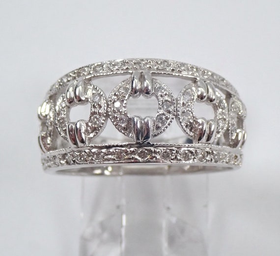 18K White Gold Diamond Anniversary Band - Bridal Jewelry Wedding Ring - Unique Domed Stacking Design