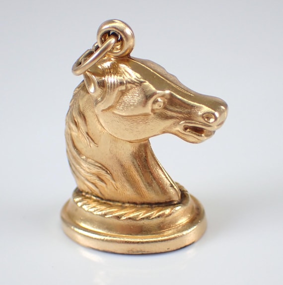Vintage 14k Yellow Gold Horse Charm Pendant - Equestrian Horseshoe Animal Jewelry for Necklace or Bracelet - Estate Chess Knight Piece